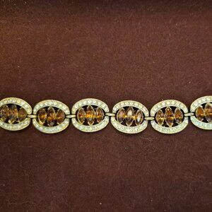 Signed Bogoff Topaz & Clear Rhinestone Bracelet 6.5” Vintage Gold Tone